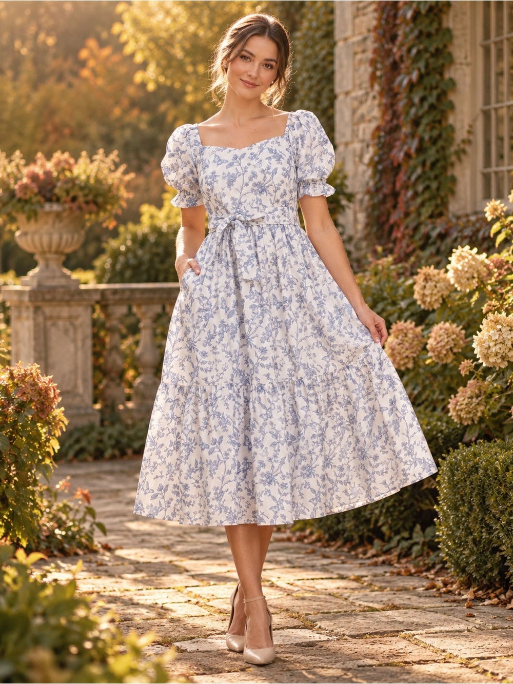 Mome Ann Midi Dress Blue Toile Butterfly Nursing Maternity Size S